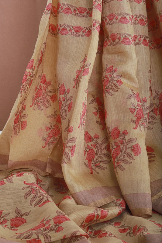 Cream Printed Moonga silk saree