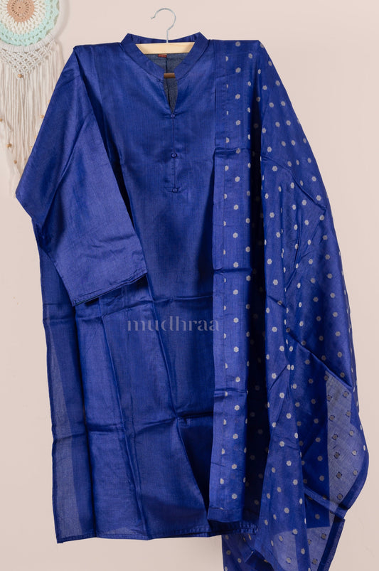 Royal Blue Semi-stitched Tussar Suit Set